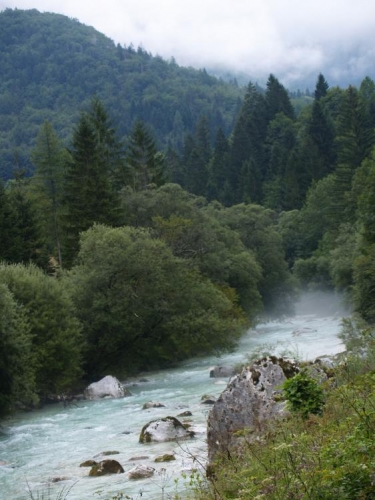 Cesta vede kolem řeky většinou po levém břehu. Jdeme proti proudu, po druhé straně vede silnice do sedla Vršič a do vnitrozemí Slovinska.