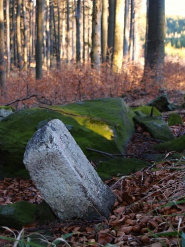 Přímo na vrcholu Pískového kámenu chtěl zřejmě někdo budovat cestu. Nakonec z toho sešlo (jistě pro nedostatek peněz) a zbyl tu jen jeden bílý patník.