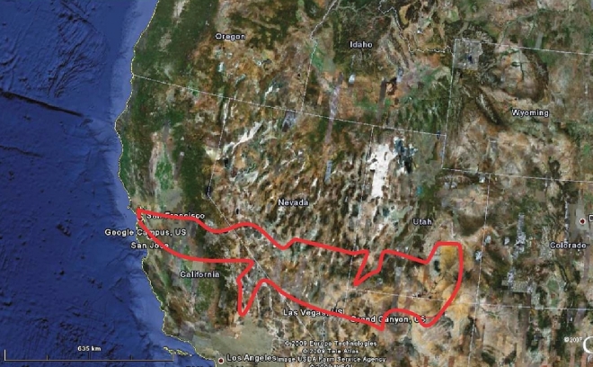 Přibližná trasa, její celková délka 3014 mil (4849 km)