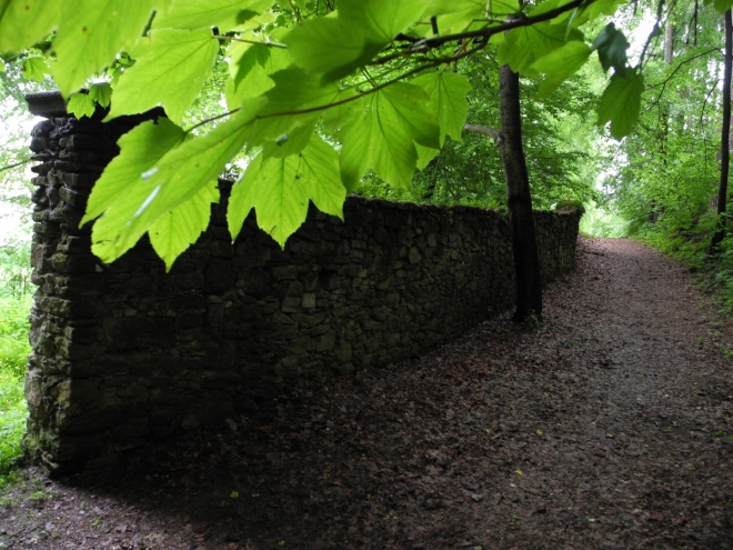 Park je ohraničen částečně dochovanou kamennou zdí. Pokračujete „brankou“ v protilehlé straně parku.