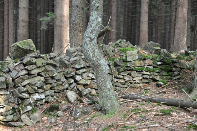 U vrcholu Gerlovy paseky zůstala z minulosti tato bytelná zeď.