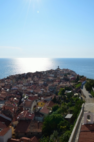 Pohled ke špičce poloostrova, zde vidíme zhruba polovinu města.