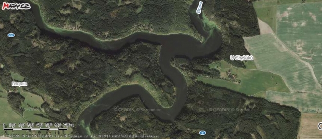Mapa Křivic a soutoku Otavy s Lomnicí.