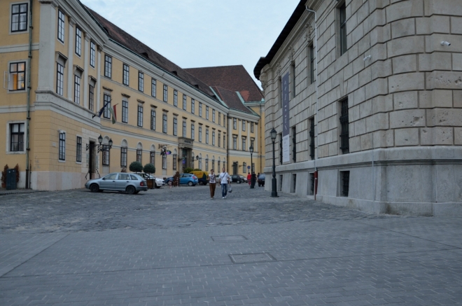 Nahoře jsme za chvíli, ke hradu nás přivede Divadelní ulice (Színház utca/„sínház utsa“). Už je v podstatě tma, fotky zesvětluje dlouhá expozice.