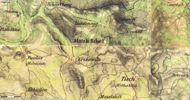 Historická mapka Ktišské hory a jejího okolí.
