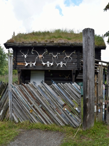 A také zavřený skanzen oplocený starými lyžemi. V Norsku poměrně rozšířené travnaté střechy nás hned tak udivovat nepřestanou.