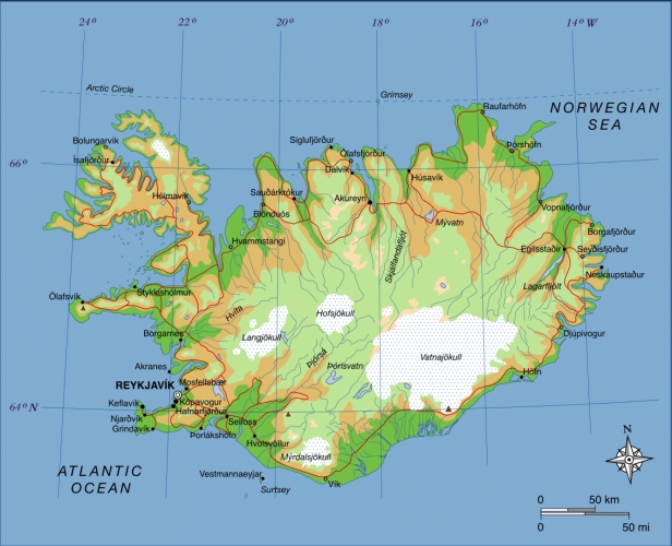 Geografická mapa Islandu (zdroj: Wikipedia)