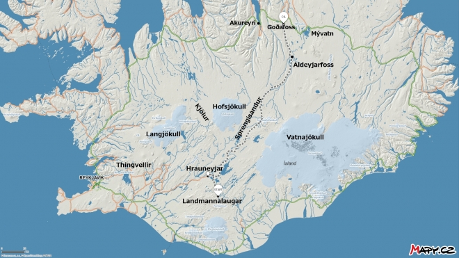 Mapa s šedě vyznačenou cestou autobusem z jihu na sever a důležitými místy, o nichž se mluví níže