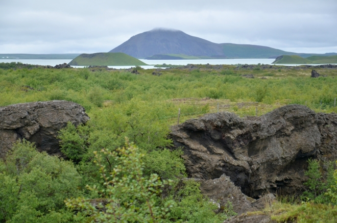 Jezero Mývatn s pseudokrátery, pohled z Dimmuborgiru. Vzadu hora Vindbelgjarfjall.
