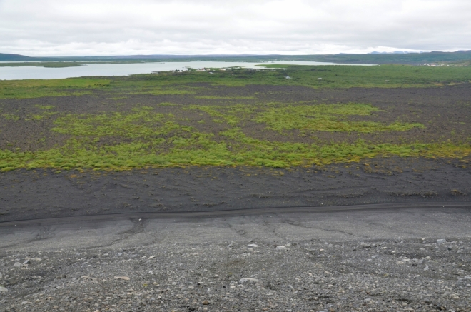Pohled ze svahu sopky na lávové pole pod ním a Mývatn v dáli.