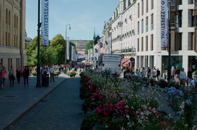 Od budovy parlamentu se vracíme na hlavní ulici Osla. V pozadí na fotce je vidět Královský palác, k němu se dnes ještě podíváme.