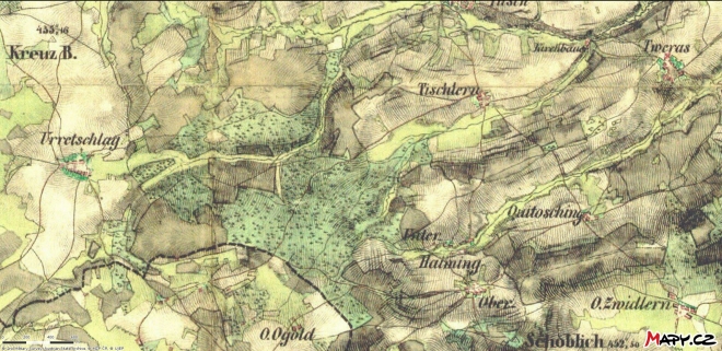 Stará mapa vykazuje německé názvy zaniklých obcí.