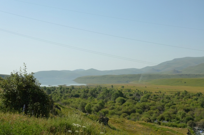 Řeka Vorotan (či spíše okolní zeleň) a okraj přehrady Spandaryan, jež je součástí hydroenergetické a zavlažovací kaskády na této řece. Za chvíli nám silnici zatarasí další stádo krav, později pak ještě ohromné stádo ovcí v čele s oslem.
