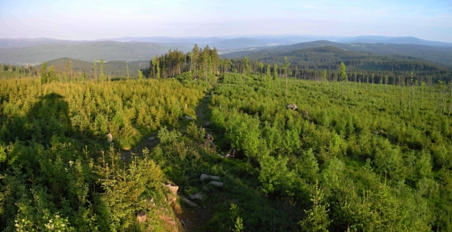 Stín rozhledny v masívu Knížecího stolce.