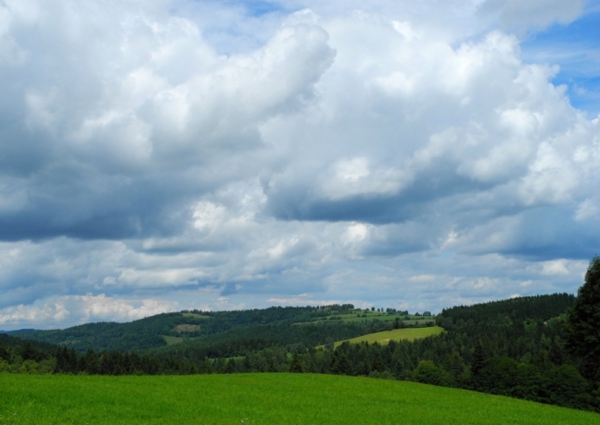 Pohled k vrchům Vinice a Šibeniční vrch, které se tyčí nad Kašperkami.