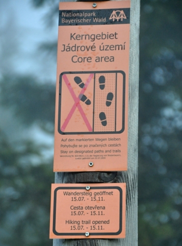 Toto jsou cedulky, které přímo vybízí k turistice i mimo značené stezky. I proto se v NP Bavorský les chodí častěji pěšky, kdežto v NP Šumava se sviští na kolech. Není se co divit, když na turisty u nás na Šumavě zbyly pouze dokonale vyasfaltované cesty, kde se střetávají chodci se závodícími bikery. Že lesem vede dávná cesta, stezka či pěšinka? Zapomeň turisto, ta se nechá zarůst, pokud ji již polomy před lety stejně nezničily. Tam nesmíš, rušil bys tetřeva. Sedni na kolo nebo sem v létě radši vůbec nelez! Jako pěšák přijdeš snadno k úrazu... Toto je dnes logika NP Šumava, podporovaná Hnutím Duha a dalšími tzv. ochránci přírody, kteří si z krajiny Šumavy udělali dojnou krávu. Peší turista je zde na obtíž. Proto necítím sebemenší výčitku svědomí, když projdu lesem s označení zákazu vstupu. Nikomu neublížím, nic nevyplaším, pranic nezničím. Nic se nemá přehánět a na Šumavě to kdosi přehnal cíleně.