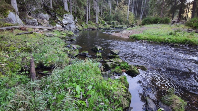 Pod skalním ostrohem cesta končí. Vracím se zpět a hledám přechod vřes řeku. 