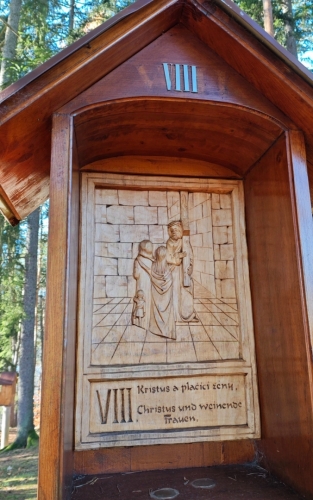 Krátká křížová cesta čtrnácti dřevěných skříněk vede na zalesněný vrcholek s dřevěným křížem. Vysvěcena byla v roce 1884.